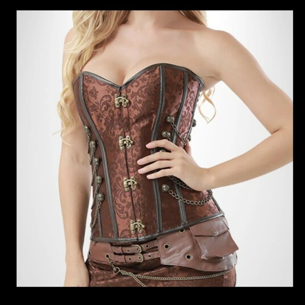 Steampunk Brown Brocade Corset with Chain Detail Sz XL